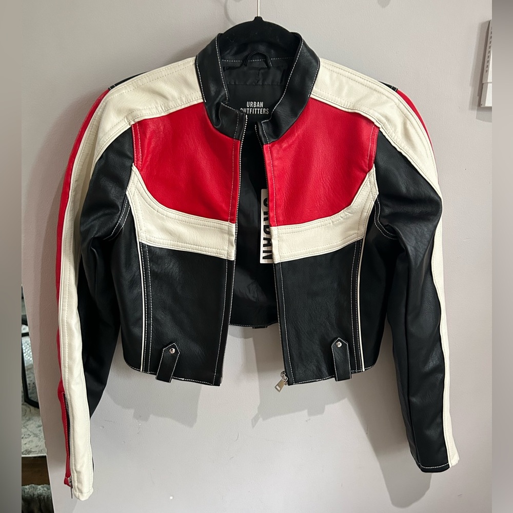 UO Jordan Faux Leather Fitted Racer Moto Jacket